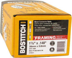 Stanley Bostitch - 10 Gauge 0.148" Shank Diam 1-1/2" Long Metal Connecting Nails for Power Nailers - Steel, Bright Finish, Smooth Shank, Angled Stick Paper Tape Collation, Round Head, Diamond Point - Benchmark Tooling