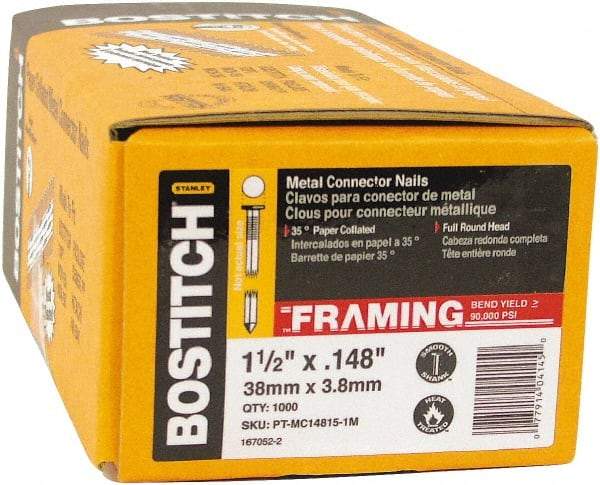 Stanley Bostitch - 10 Gauge 0.148" Shank Diam 1-1/2" Long Metal Connecting Nails for Power Nailers - Steel, Galvanized Finish, Smooth Shank, Angled Stick Paper Tape Collation, Round Head, Diamond Point - Benchmark Tooling