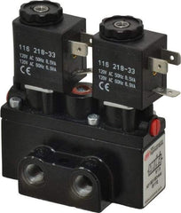 ARO/Ingersoll-Rand - 1/8" Inlet x 1/8" Outlet, Solenoid Actuator, Solenoid Return, 2 Position, Body Ported Solenoid Air Valve - 120 VAC Input, 32 CFM, 0.9 CV, 4 Way, 150 psi, 3-1/2" Long x 1-15/16" Wide x 3-1/4" High, 0 to 180°F - Benchmark Tooling