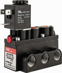 ARO/Ingersoll-Rand - 1/4" Inlet x 1/4" Outlet, Solenoid Actuator, Spring Return, 2 Position, Body Ported Solenoid Air Valve - 120 VAC Input, 54 CFM, 1.5 CV, 4 Way, 150 psi, 2-15/16" Long x 1-15/16" Wide x 1-15/16" High, 0 to 180°F - Benchmark Tooling