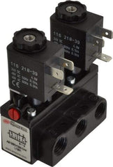 ARO/Ingersoll-Rand - 1/4" Inlet x 1/4" Outlet, Solenoid Actuator, Solenoid Return, 2 Position, Body Ported Solenoid Air Valve - 24 VDC Input, 54 CFM, 1.5 CV, 4 Way, 150 psi, 3-31/32" Long x 1-15/16" Wide x 3-1/4" High, 0 to 180°F - Benchmark Tooling