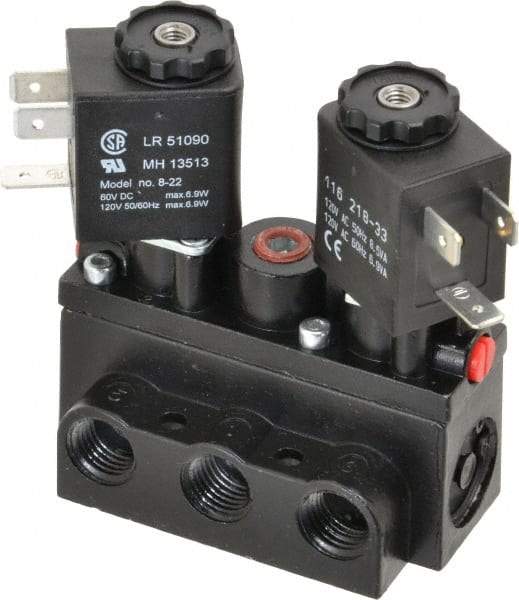 ARO/Ingersoll-Rand - 1/4" Inlet x 1/4" Outlet, Solenoid Actuator, Solenoid Return, 3 Position, Body Ported Solenoid Air Valve - 120 VAC Input, 32 CFM, 0.9 CV, 4 Way, 150 psi, 2-15/16" Long x 1-15/16" Wide x 1-13/16" High, 0 to 180°F - Benchmark Tooling