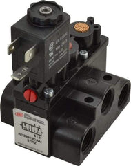 ARO/Ingersoll-Rand - 3/8" Inlet x 3/8" Outlet, Solenoid Actuator, Spring Return, 2 Position, Body Ported Solenoid Air Valve - 120 VAC Input, 63 CFM, 1.7 CV, 4 Way, 150 psi, 3-1/2" Long x '2-1/2" Wide x 3-5/8" High, 0 to 180°F - Benchmark Tooling