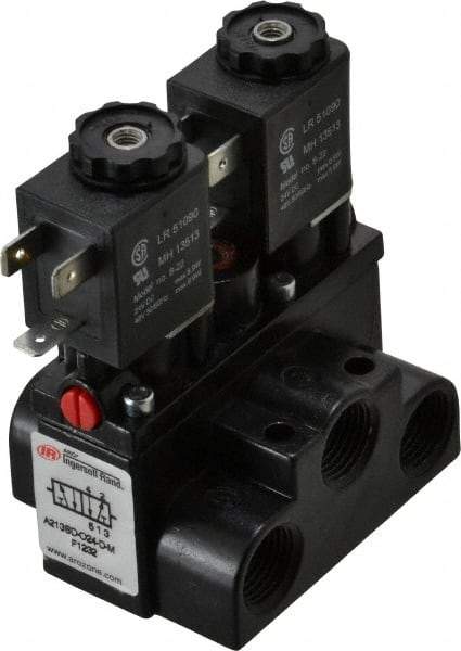 ARO/Ingersoll-Rand - 3/8" Inlet x 3/8" Outlet, Solenoid Actuator, Solenoid Return, 2 Position, Body Ported Solenoid Air Valve - 24 VDC Input, 63 CFM, 1.7 CV, 4 Way, 150 psi, 4" Long x '2-1/2" Wide x 3-5/8" High, 0 to 180°F - Benchmark Tooling