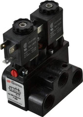 ARO/Ingersoll-Rand - 3/8" Inlet x 3/8" Outlet, Solenoid Actuator, Solenoid Return, 2 Position, Body Ported Solenoid Air Valve - 24 VDC Input, 63 CFM, 1.7 CV, 4 Way, 150 psi, 4" Long x '2-1/2" Wide x 3-5/8" High, 0 to 180°F - Benchmark Tooling