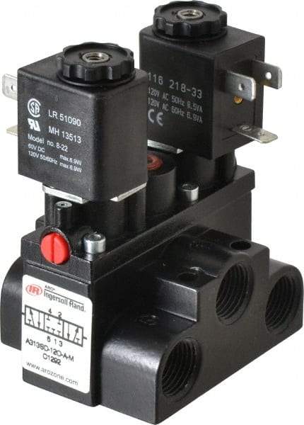 ARO/Ingersoll-Rand - 3/8" Inlet x 3/8" Outlet, Solenoid Actuator, Solenoid Return, 3 Position, Body Ported Solenoid Air Valve - 120 VAC Input, 63 CFM, 1.7 CV, 4 Way, 150 psi, 4" Long x '2-1/2" Wide x 3-5/8" High, 0 to 180°F - Benchmark Tooling