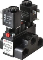 ARO/Ingersoll-Rand - 3/8" Inlet x 3/8" Outlet, Solenoid Actuator, Solenoid Return, 3 Position, Body Ported Solenoid Air Valve - 120 VAC Input, 63 CFM, 1.7 CV, 4 Way, 150 psi, 4" Long x '2-1/2" Wide x 3-5/8" High, 0 to 180°F - Benchmark Tooling