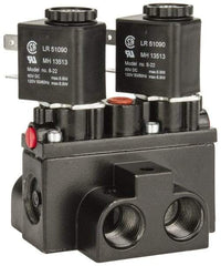 ARO/Ingersoll-Rand - 3/8" Inlet x 3/8" Outlet, Solenoid Actuator, Solenoid Return, 3 Position, Body Ported Solenoid Air Valve - 120 VAC Input, 63 CFM, 1.7 CV, 4 Way, 150 psi, 4" Long x '2-1/2" Wide x 3-5/8" High, 0 to 180°F - Benchmark Tooling