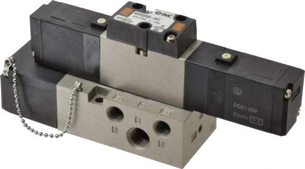 SMC PNEUMATICS - 0.8 CV Flow Rate, Double Solenoid Pilot Operated Valve - 5 Port, 2 Position, 1/4" NPT Inlet, 24 V - Benchmark Tooling