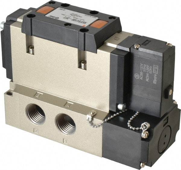 SMC PNEUMATICS - 3.6 CV Flow Rate, Single Solenoid Pilot Operated Valve - 5 Port, 2 Position, Spring Return, 1/2" NPT Inlet, 110 V - Benchmark Tooling