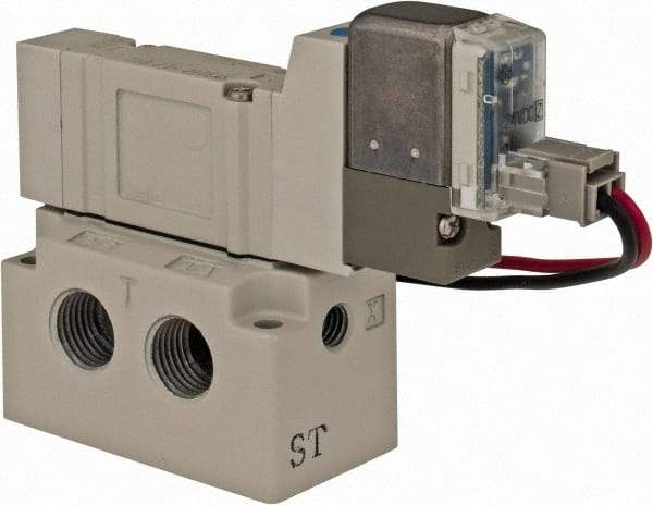 SMC PNEUMATICS - 0.3 CV Flow Rate, Single Solenoid Pilot Operated Valve - 5 Port, 2 Position, Spring Return, 1/8" NPT Inlet, 24 V - Benchmark Tooling