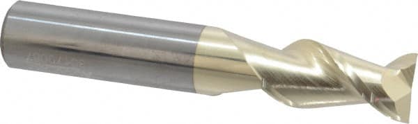 Accupro - 1/2", 1" LOC, 1/2" Shank Diam, 3" OAL, 2 Flute, Solid Carbide Square End Mill - Single End, ZrN Finish, Spiral Flute, 45° Helix, Centercutting, Right Hand Cut, Right Hand Flute - Benchmark Tooling