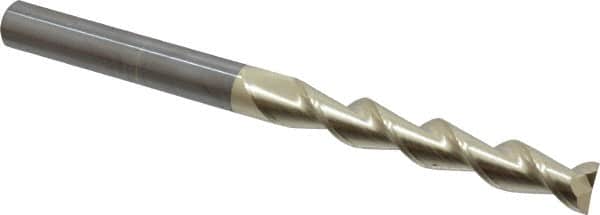 Accupro - 5/8", 4" LOC, 5/8" Shank Diam, 8" OAL, 2 Flute, Solid Carbide Square End Mill - Single End, ZrN Finish, Spiral Flute, 45° Helix, Centercutting, Right Hand Cut, Right Hand Flute - Benchmark Tooling