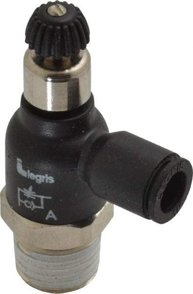 Legris - 1/4" Tube OD x 1/4 Male NPT Compact Meter Out Flow Control Valve - 14.5 to 145 psi, Nylon - Benchmark Tooling