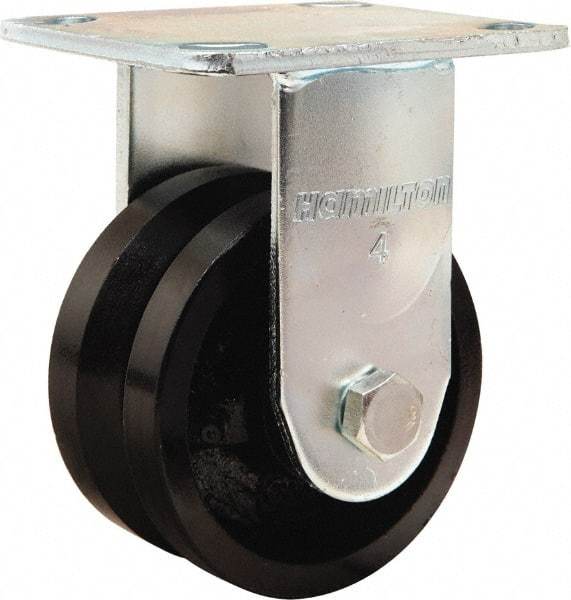 Hamilton - 4" Diam x 2" Wide, Iron Rigid Caster - 800 Lb Capacity, Top Plate Mount, 4" x 4-1/2" Plate, Straight Roller Bearing - Benchmark Tooling