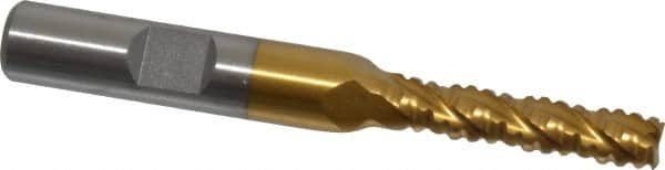 Interstate - 1/4" Diam, 1-1/8" LOC, 4 Flute Cobalt Roughing & Finishing Square End Mill - TiN Finish, 2-15/16" OAL, 3/8" Shank Diam, Weldon Shank, 30° Helix, Non-Centercutting - Benchmark Tooling