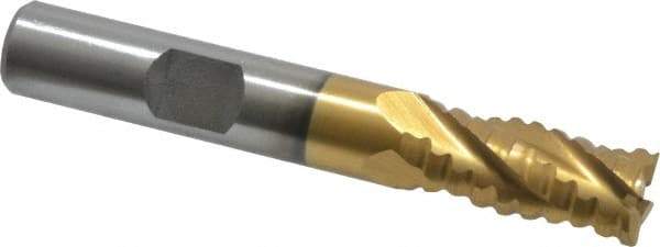 Interstate - 3/8" Diam, 3/4" LOC, 4 Flute Cobalt Roughing & Finishing Square End Mill - TiN Finish, 2-1/2" OAL, 3/8" Shank Diam, Weldon Shank, 30° Helix, Non-Centercutting - Benchmark Tooling