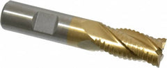 Interstate - 5/8" Diam, 1-1/4" LOC, 4 Flute Cobalt Roughing & Finishing Square End Mill - TiN Finish, 3-3/8" OAL, 5/8" Shank Diam, Weldon Shank, 30° Helix, Non-Centercutting - Benchmark Tooling