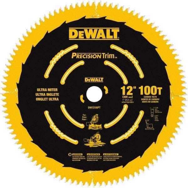 DeWALT - 12" Diam, 1" Arbor Hole Diam, 100 Tooth Wet & Dry Cut Saw Blade - Carbide-Tipped, Crosscutting Action, Standard Round Arbor - Benchmark Tooling