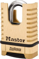 Master Lock - 2-1/4" Body Width x 3-1/2" Body Height, 1-1/16" Shackle Clearance, Brass Finish Combination Lock - 3/8" Shackle Diam, 15/16" Shackle Width, Set Your Own 4 Digit Combination - Benchmark Tooling