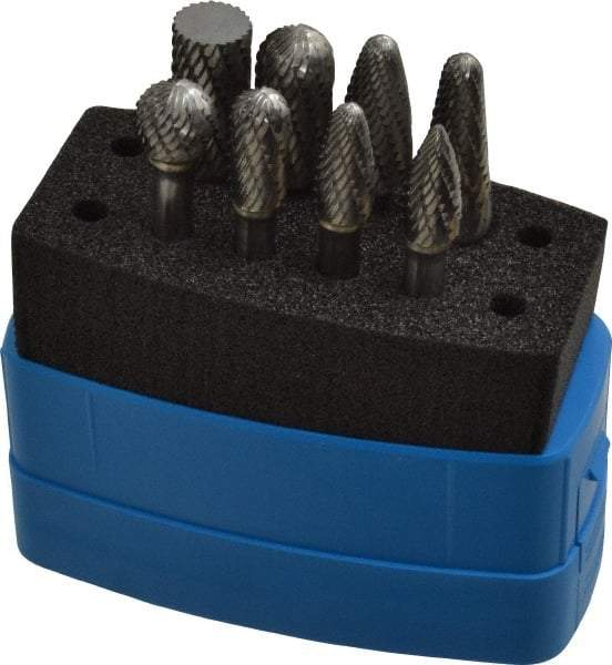 Made in USA - 8 Piece, 1/4" Shank Burr Set - Solid Carbide, Multiple Head Shapes, 14° Included Angle - Benchmark Tooling