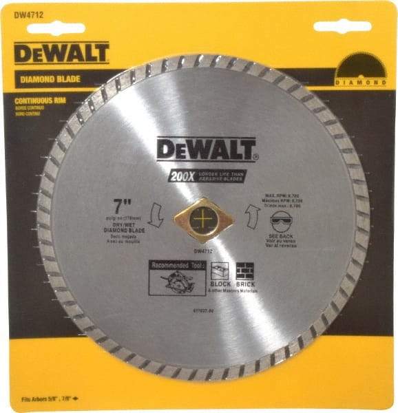 DeWALT - 7" Diam, 5/8" Arbor Hole Diam, Wet & Dry Cut Saw Blade - Diamond-Tipped, Standard Round Arbor - Benchmark Tooling