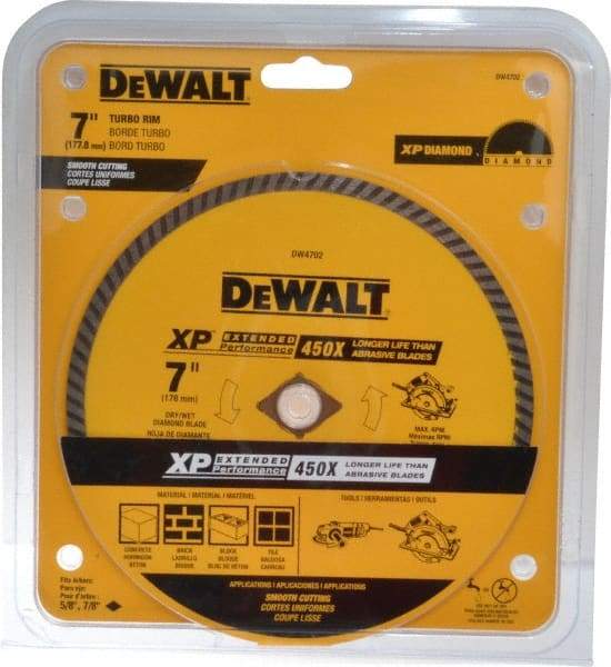 DeWALT - 7" Diam, 5/8" Arbor Hole Diam, Wet & Dry Cut Saw Blade - Diamond-Tipped, Standard Round Arbor - Benchmark Tooling