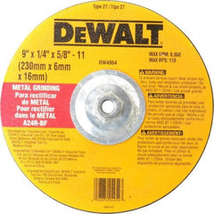 DeWALT - 24 Grit, 9" Wheel Diam, 1/4" Wheel Thickness, Type 27 Depressed Center Wheel - Aluminum Oxide, R Hardness, 6,600 Max RPM, Compatible with Angle Grinder - Benchmark Tooling