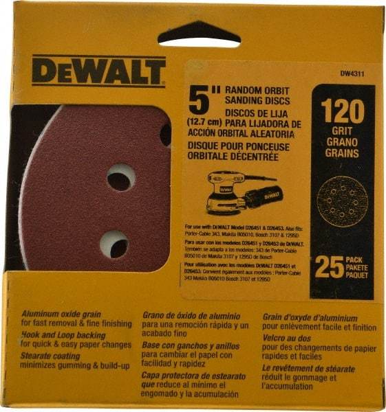 DeWALT - 5" Diam, 120 Grit, Aluminum Oxide Hook & Loop Disc - Fine Grade, Coated, Paper Backing, - Benchmark Tooling