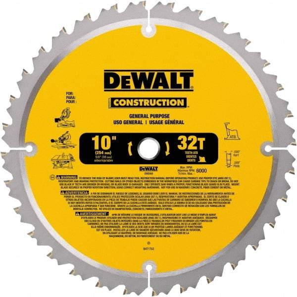 DeWALT - 10" Diam, 5/8" Arbor Hole Diam, 32 Tooth Wet & Dry Cut Saw Blade - Carbide-Tipped, General Purpose Action, Standard Round Arbor - Benchmark Tooling