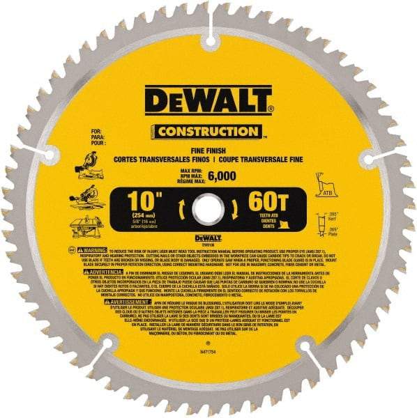 DeWALT - 10" Diam, 5/8" Arbor Hole Diam, 60 Tooth Wet & Dry Cut Saw Blade - Carbide-Tipped, Fine Finishing Action, Standard Round Arbor - Benchmark Tooling