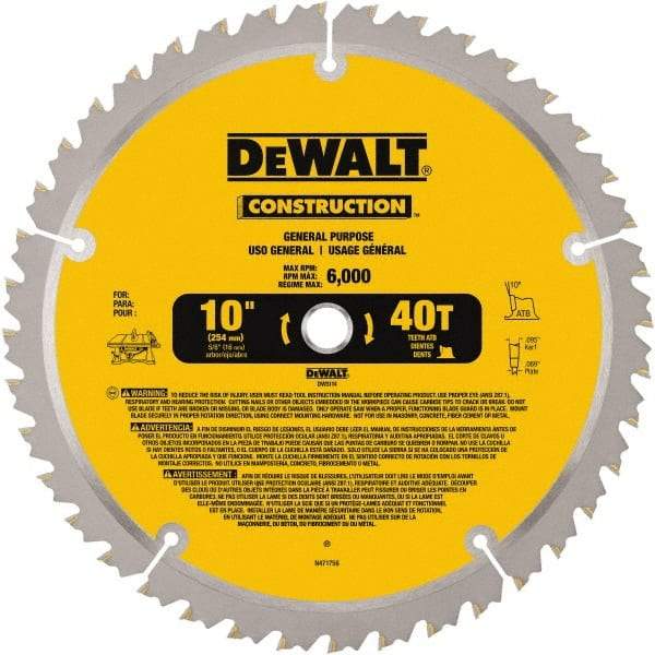 DeWALT - 10" Diam, 5/8" Arbor Hole Diam, 40 Tooth Wet & Dry Cut Saw Blade - Carbide-Tipped, General Purpose Action, Standard Round Arbor - Benchmark Tooling