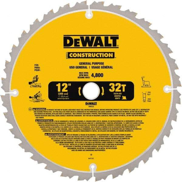 DeWALT - 12" Diam, 1" Arbor Hole Diam, 32 Tooth Wet & Dry Cut Saw Blade - Carbide-Tipped, General Purpose Action, Standard Round Arbor - Benchmark Tooling