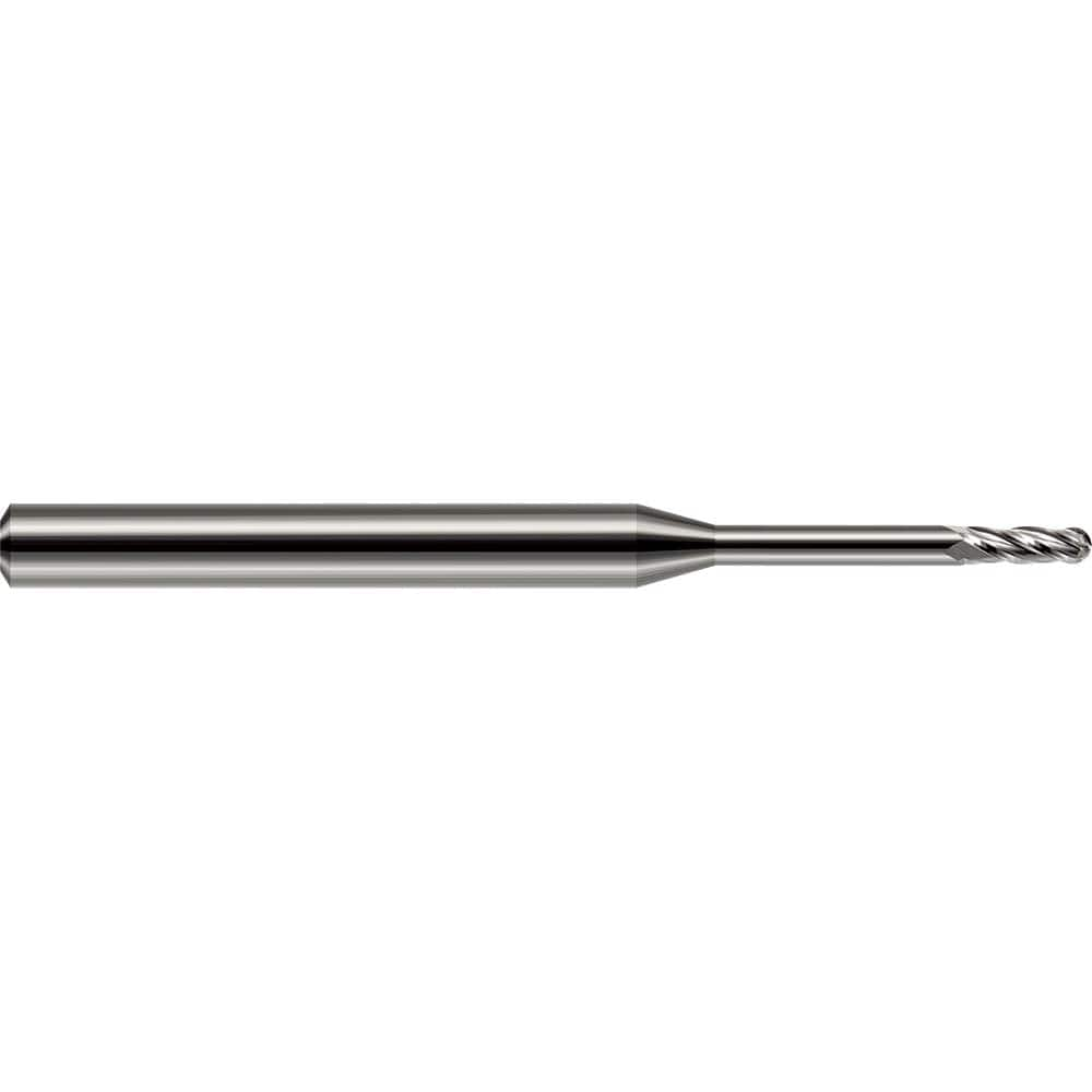 Ball End Mill: 0.055″ Dia, 0.165″ LOC, 2 Flute, Solid Carbide 1-1/2″ OAL, 1/8″ Shank Dia, 30 ° Helix, Uncoated, Single End