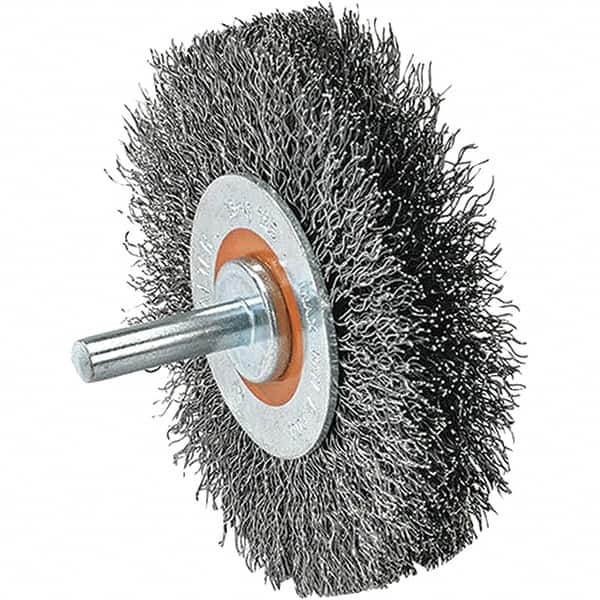 WALTER Surface Technologies - 2" OD, 1/4" Shank Diam, Crimped Steel Wheel Brush - 5/8" Face Width, 0.0118" Filament Diam, 25,000 RPM - Benchmark Tooling