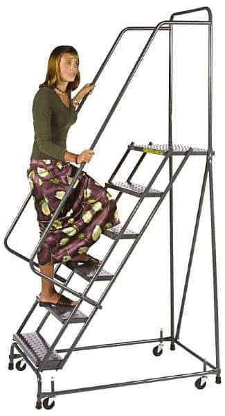 Ballymore - 73" 4 Step Ladder - Spring Loaded Rolling Safety Ladder, 450 Lb Capacity, 38" Platform Height, 30" Base Width x 35" Base Depth, Perforated Tread - Benchmark Tooling