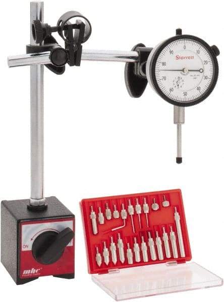 Starrett - 0.001" Graduation, 1" Max Meas, 0-100 Dial Reading, Dial Indicator & Base Kit - 0.001" Resolution, 63mm Base Length x 50mm Base Width x 55mm Base Height - Benchmark Tooling