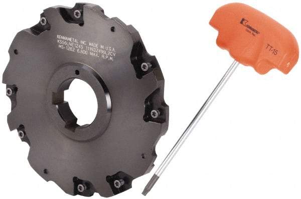 Kennametal - Arbor Hole Connection, 3/8" Cutting Width, 1.466" Depth of Cut, 5" Cutter Diam, 1-1/4" Hole Diam, 4 Tooth Indexable Slotting Cutter - 90° LN Toolholder, LNE 1245... Insert - Benchmark Tooling