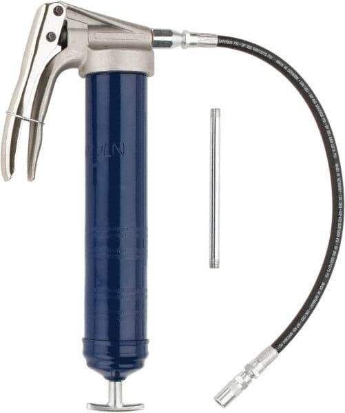 Lincoln - 7,500 Max psi, Flexible Pistol Grease Gun - 14-1 & 2 oz (Cartridge) & 16 oz (Bulk) Capacity, 1/8 Thread Outlet, 39 Strokes per oz, Bulk & Cartridge Fill, Includes 6" Straight Pipe & Coupler - Benchmark Tooling