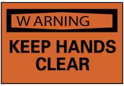 NMC - Accident Prevention Label, Header: WARNING - Legend: Warning - Keep Hands Clear, English, Black & Orange, 5" Long x 3" High, Sign Muscle Finish - Benchmark Tooling