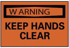 NMC - Accident Prevention Label, Header: WARNING - Legend: Warning - Keep Hands Clear, English, Black & Orange, 5" Long x 3" High, Sign Muscle Finish - Benchmark Tooling