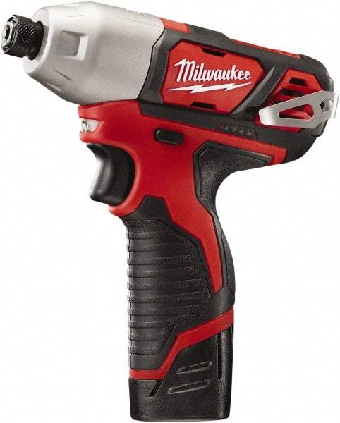 Milwaukee Tool - 12 Volt, 1/4" Drive, 1,000 In/Lb Torque, Cordless Impact Driver - Pistol Grip Handle, 2500 RPM, 2 Lithium-Ion Batteries Included - Benchmark Tooling