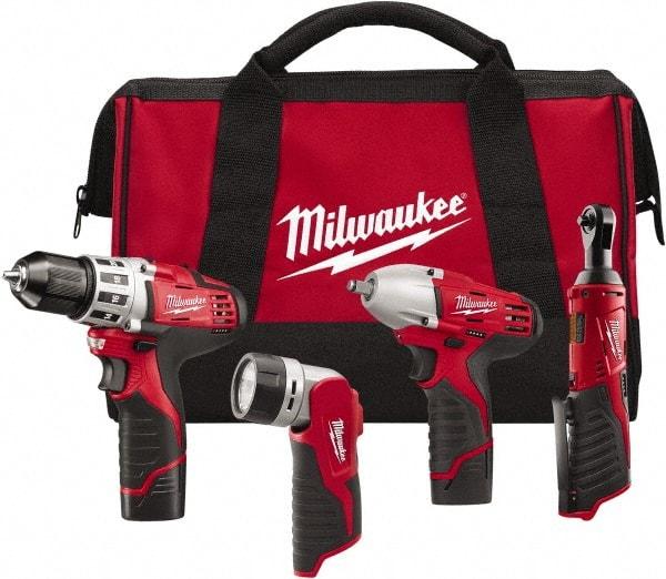 Milwaukee Tool - 12 Volt Cordless Tool Combination Kit - Includes 3/8" Square Drive Impact Wrench, 3/8" Drill/Driver, Work Light & 1/4" Ratchet, Lithium-Ion Battery Included - Benchmark Tooling