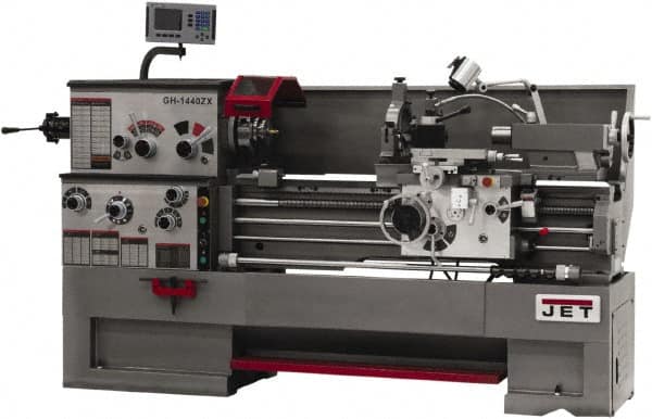 Jet - 14" Swing, 40" Between Centers, 230/460 Volt, Triple Phase Engine Lathe - 7MT Taper, 7-1/2 hp, 42 to 1,800 RPM, 3-1/8" Bore Diam, 40" Deep x 46-7/8" High x 97-1/2" Long - Benchmark Tooling