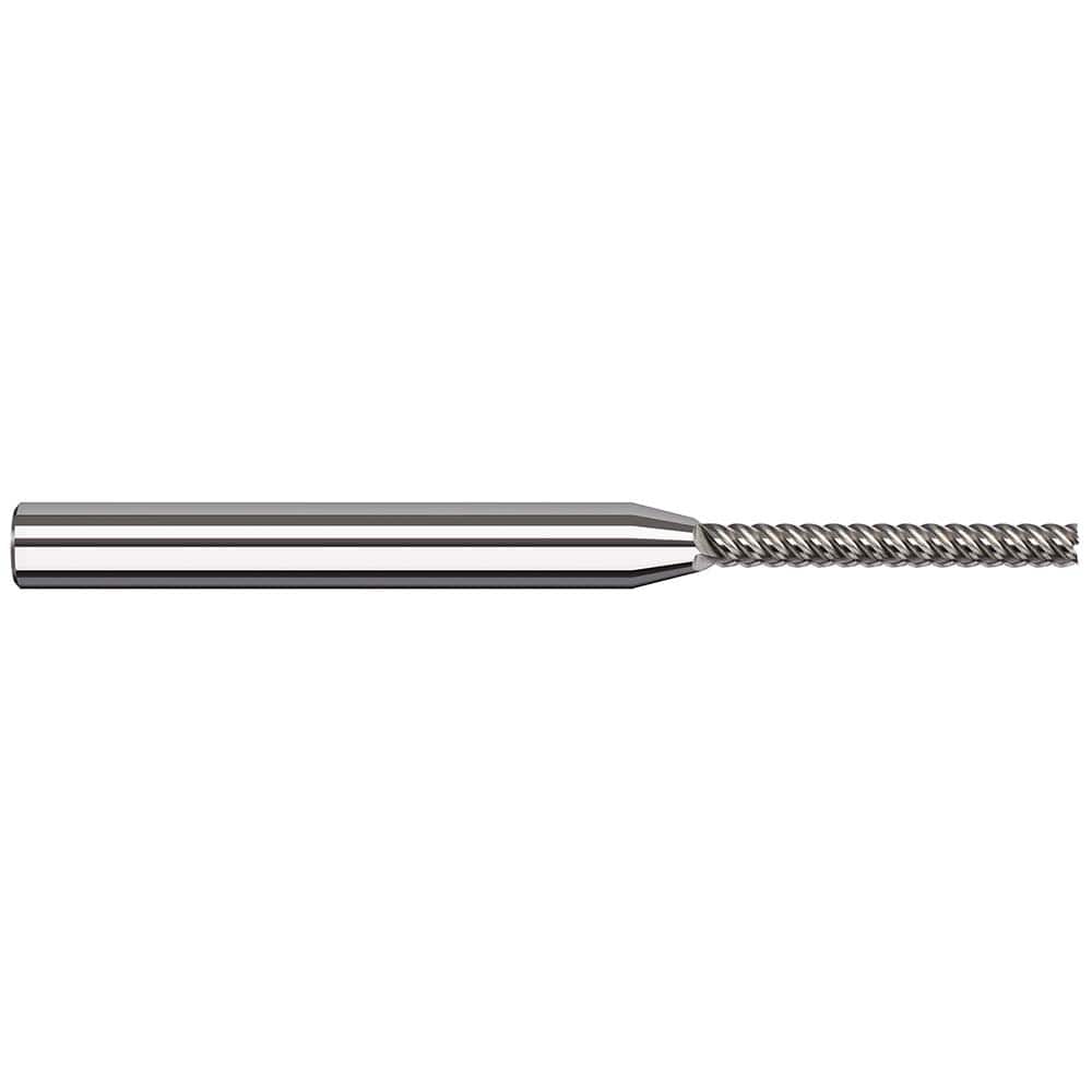 Square End Mill: 0.04'' Dia, 0.325'' LOC, 1/8'' Shank Dia, 2-1/2'' OAL, 5 Flutes, Solid Carbide Single End, Uncoated, 50 ° Variable Helix, RH Cut, RH Flute