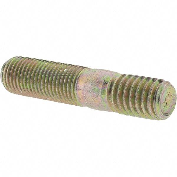 Value Collection - 3/8-24 Long Thread, 3/8-16 Short Thread, 1-3/4" OAL Unequal Double Threaded Stud - Alloy Steel, Zinc Yellow Dichromate Finish, 1" Long Thread Length, 9/16" Short Thread Length - Benchmark Tooling