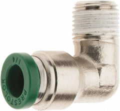 Parker - 1/4" Outside Diam, 1/8 NPTF, Nickel Plated Brass Push-to-Connect Tube Male Elbow - 300 Max psi, Tube to Male NPT Connection, Nitrile O-Ring - Benchmark Tooling