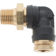 Parker - 3/8" Outside Diam, 1/4 Thread, Brass Push-to-Connect Tube Male Elbow - 250 Max psi, Tube to Male NPT Connection - Benchmark Tooling