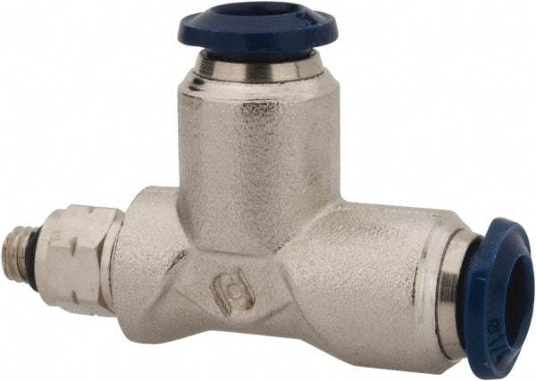 Value Collection - 1/8" Outside Diam, 10-32 Universal, Nickel Plated Brass Push-to-Connect Tube Male Swivel Run Tee - 250 Max psi, Tube to Universal Thread Connection, Buna O-Ring - Benchmark Tooling