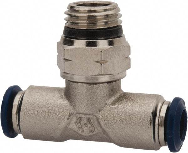 Value Collection - 1/2" Outside Diam, 1/4 Universal, Nickel Plated Brass Push-to-Connect Tube Male Swivel Branch Tee - 250 Max psi, Tube to Universal Thread Connection, Buna O-Ring - Benchmark Tooling